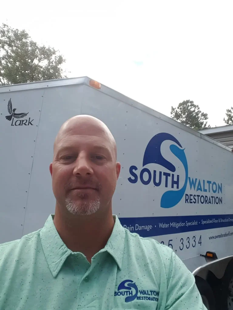 Tony Thompson, owner of South Walton Restoration, in front of a company service trailer