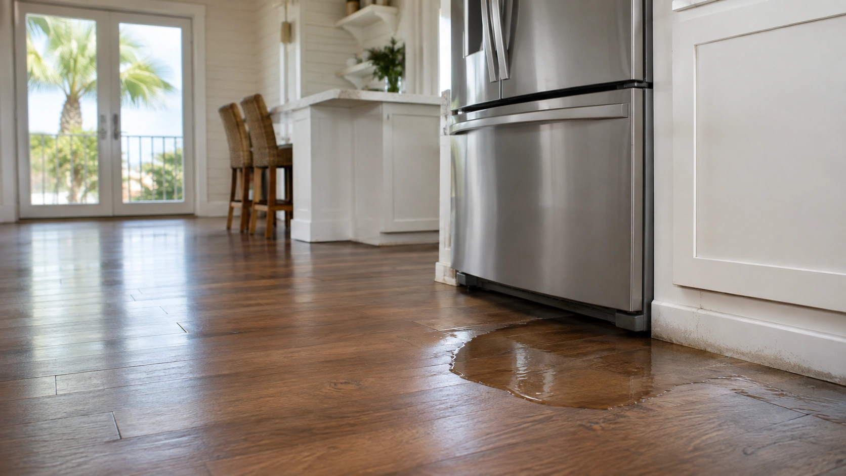Water pooling beneath a refrigerator in a South Walton vacation rental kitchen.
